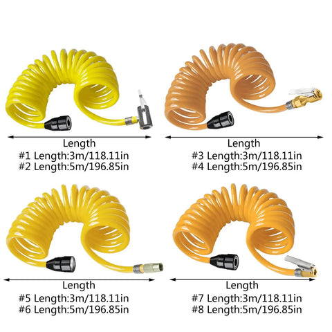 Heavy Duty Tire Inflation Hose Rock Solid Screw Lock Connector Yellow and Orange Coiled Hoses, 3-5m Lengths for Cars and Bikes.
