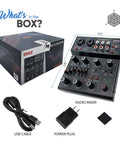 4 Channel Wireless DJ Mixer With Bluetooth 5.x USB Audio Interface in box with accessories, showing dimensions and inputs.