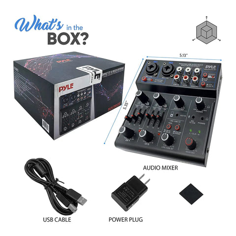 4 Channel Wireless DJ Mixer With Bluetooth 5.x USB Audio Interface in box with accessories, showing dimensions and inputs.