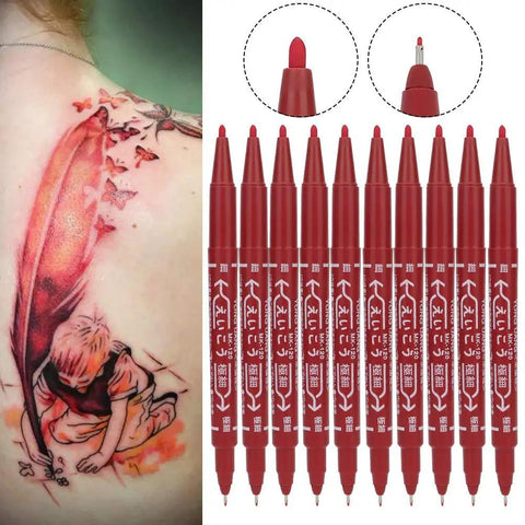 Smooth Double Ended Markers For Piercing And Art Projects, 10 Piece Set With Bold And Fine Tips on display with tattoo