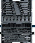 Open case of 103 Piece Socket And Wrench Set With 1/4, 3/8, And 1/2 Inch Drive, SAE And Metric Sockets, Standard And Deep Options