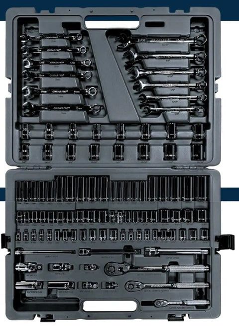 Open case of 103 Piece Socket And Wrench Set With 1/4, 3/8, And 1/2 Inch Drive, SAE And Metric Sockets, Standard And Deep Options