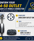 Image showing Nema 14-50 To Tesla Mobile Connector Adapter for Gen 2 and Gen 3 with 240V outlet instructions.