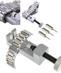 9 Piece Watch Repair Kit For DIY Band Remover Tools with vanadium steel link pin remover and vice tool set on display.