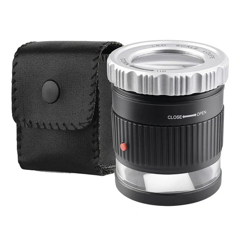 30X Loupe Magnifier With Adjustable Focal Length And Foldable Design for textiles and crafts, shown with black carrying case.