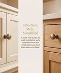 Close-up of brushed zinc alloy cabinet pulls on light and dark cabinets, showcasing single hole design for easy installation.