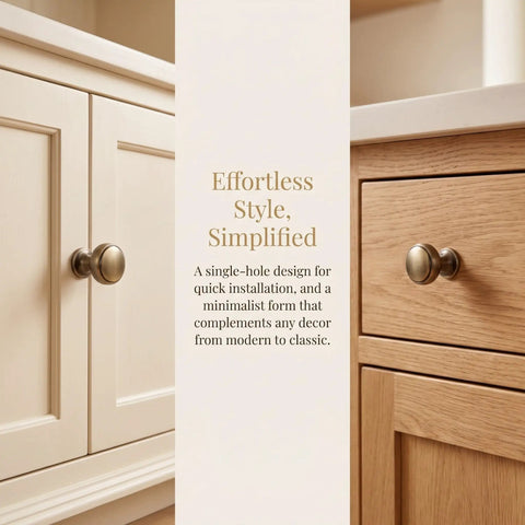 Close-up of brushed zinc alloy cabinet pulls on light and dark cabinets, showcasing single hole design for easy installation.