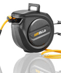Retractable Three Eighths Inch 50 Ft Flex Hybrid Air Hose Reel with Quick Connect 6 Ft Lead In Mounted 180 Degree Swivel Beefy Durable Air Compressor Hose Reel For Indoor Outdoor Use Up To 300 PSI against white background.