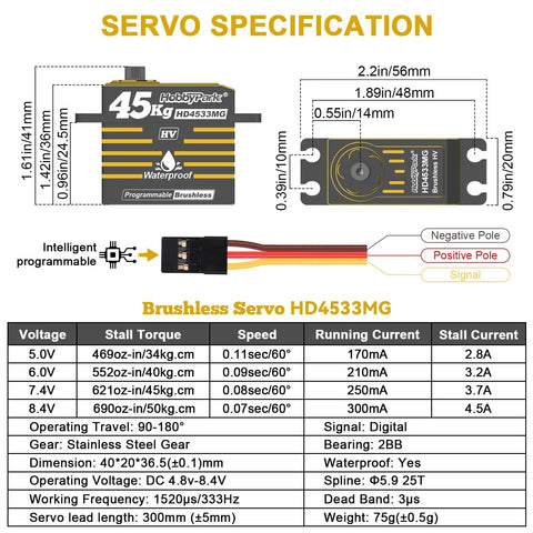 Specifications and dimensions of Beefy Waterproof 45Kg High Torque Brushless Servo For RC Cars Crawler Trucks And Buggies 8.4V HV Metal Gear Digital Servo With Stainless Steel Gears 180 Degree Steering 0.08s 2BB