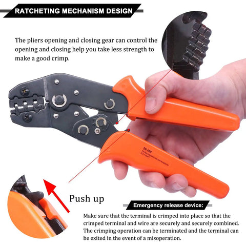 Heavy Duty Wire Crimping Pliers With Ratchet For Open Barrel Terminals, one step auto crimp tool with insulated grips.
