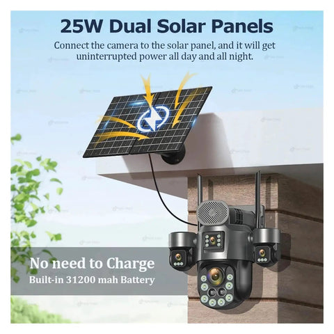 25W dual solar panel connected to a Heavy Duty 4G Solar PTZ Outdoor Security Camera for off-grid use.