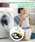 Heavy Duty Washing Machine Lid Lock Assembly Replacement For Whirlpool Maytag Kenmore Amana Top Loader shows lid latch kit and sewing woman.