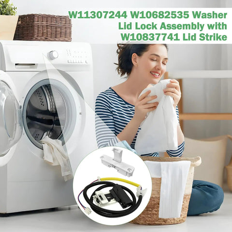 Heavy Duty Washing Machine Lid Lock Assembly Replacement For Whirlpool Maytag Kenmore Amana Top Loader shows lid latch kit and sewing woman.