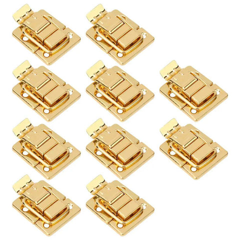 Premium Golden Plated Toggle Latch Hasps Stainless Steel Cabinet Clasp Kit Fits Jewelry Box Suitcase And Chest With Easy Install For Compact Hardware Replacement 10 Pack showing gold latches arranged on a white background.