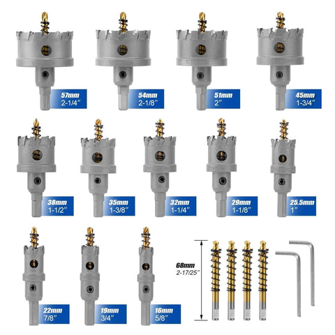Amazon carbide hole saw kit for metal, 16-piece set with TCT hole saws from 16mm to 57mm and hex wrenches