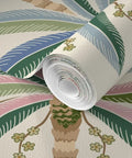 Premium Midcentury Modern Wallpaper With Dang Solid Durability And A Killer Matte Linen Texture PVC Free Paste To Paper Commercial Wallcovering For Kitchens Baths Hallways, roll showcasing floral green and pink design.