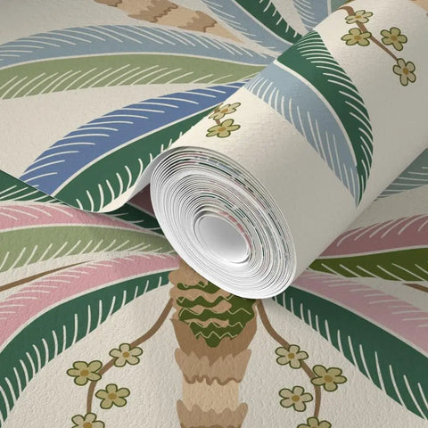 Premium Midcentury Modern Wallpaper With Dang Solid Durability And A Killer Matte Linen Texture PVC Free Paste To Paper Commercial Wallcovering For Kitchens Baths Hallways, roll showcasing floral green and pink design.