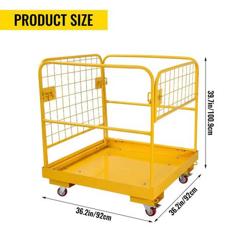 Forklift Safety Cage With Wheels Folding 36 By 36 Inch Work Platform 1200 Lb Capacity Man Basket for aerial jobs shown in dimensions