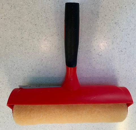 Nine Inch Paint Roller With Integrated Anti Splatter Shield And Heavy Duty Rubber Grip For No Sweat Wall Painting Plus Threaded Socket Attaches To Standard Poles Slick Smooth Coat Reusable Nap Cover Pack Of Ten, showing the roller with a soft nap cover.