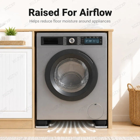 Heavy Duty Washer Dryer Pedestal With Roller Sliders For Easy Lift Move And Lower Heavy Appliances in a laundry room.