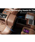 Four Port Car Charger With Voltmeter 78W Fast Charge USB C And USB A Hub installed in car, charging devices on brown seats