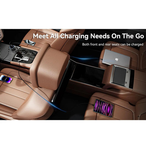 Four Port Car Charger With Voltmeter 78W Fast Charge USB C And USB A Hub installed in car, charging devices on brown seats