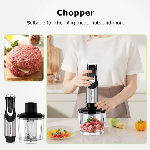 Badass 4 in 1 Immersion Blender with Food Processor and Egg Whisk features a stylish chopper used for meat and nuts.