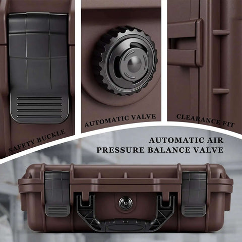 Kickass Heavy Duty Waterproof Hard Case With Custom Foam Insert And Foam Cutting Knife For Bulletproof Tool Storage And Hassle Free Travel Organization In Classic Brown Stripe Shell showing safety buckle and automatic air pressure balance valve functionality.