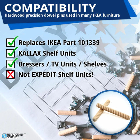 Heavy Duty Wooden Dowel Pins Six By Fifty Millimeter Straight Shot Replacement For Flat Pack Furniture And Wobbly Shelves Solid Core Joint Reinforcement Makes Quick Repairs, compatibility with IKEA furniture.
