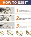 Instructional guide for 12 Pack Lynch Pin Assortment Kit for Trailers and Mowers, Heavy Duty O Type Pins usage steps with images.