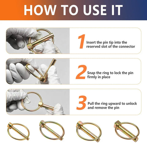 Instructional guide for 12 Pack Lynch Pin Assortment Kit for Trailers and Mowers, Heavy Duty O Type Pins usage steps with images.