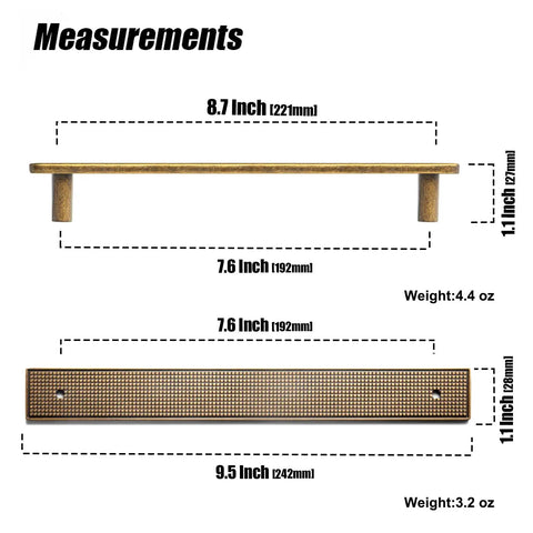 7.56 Inch Antique Brass Cabinet Pulls With Backplates 2 Pack Beefy Heavy Duty Solid Metal Hardware For Dresser And Cabinet Renovation Built To Last With Vintage Rustic Look And Timeless Quality, measurements shown with 7.6 in pull and 9.5 in backplate