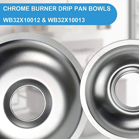 Close-up of Go To Chrome Burner Drip Pan Set 4 Pack For 6 Inch And 8 Inch Electric Stove Tops, showing two chrome pans