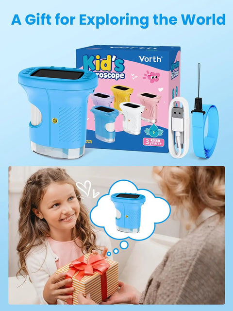 Kids Handheld Digital Microscope 1000X Magnification With 2.4 Inch HD Screen 2MP Images Durable ABS Silicone Build blue with box and USB cable