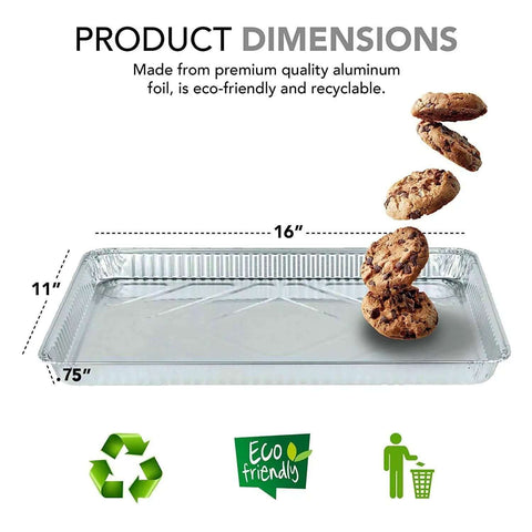 Product dimensions of Aluminum Foil Trays 15 Pack Disposable Bakeware 16 Inch By 11 Inch Nonstick Reusable Cookie Sheets shown with cookies.