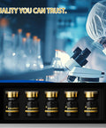 Five premium glass vials with gold caps in a black display tray, lab scene with a microscope.