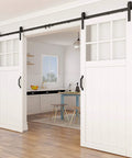 Sliding Barn Door Hardware Connecting Adaptor Set Of 2 3.15 Inch Metal Joining Plate Repair Fastener Carbon Steel Matte Black Heavy Duty Track Connector For Indoor And Outdoor Use 1 Inch Wide Flat Brace Splice Piece in use for white barn doors in modern kitchen.
