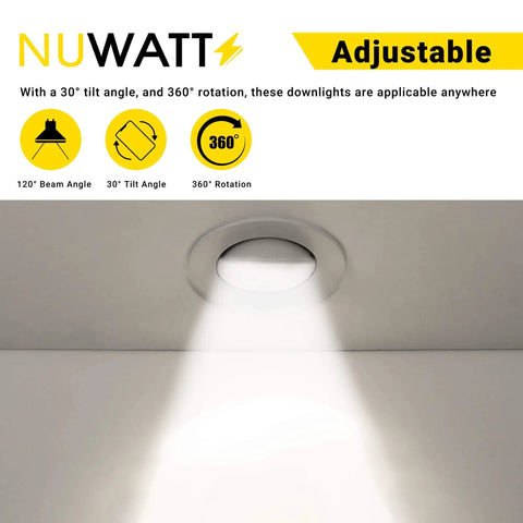 Kick Your Lighting Game Up A Notch With These Solid 3 Inch Gimbal Recessed Downlights 16 Pack 8W Led 600 Lumens showing adjustable downlight with 360 rotation.