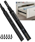 Top Shelf Soft Close Drawer Slides, 5 Pair Full Extension Ball Bearing Tracks, 16 Inch Side Mount Rails For Kitchens And Dressers, Built Tough Smooth Gliding Hardware In Black next to installed drawer.