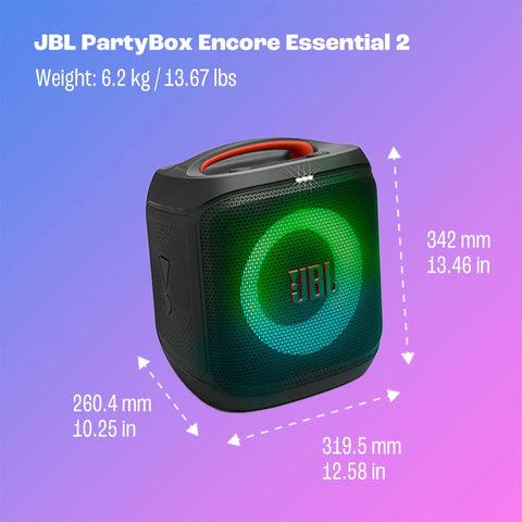 Encore Essential 2 Portable Party Speaker With AI Sound Boost Battery Powered Up To 15 Hours Of Playtime shown with dimensions