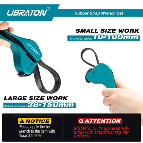 Two Piece Rubber Strap Wrench Set For Auto Oil Filter Jar Lids Adjustable From 10mm To 150mm shown with hands holding tools