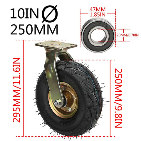Heavy Duty Pneumatic Rubber Castor Wheel Set Of Four With Two Swivel And Two Directional Casters For Industrial Carts Rock Solid Silent Cruising Shock Absorbing 10 Inch Wheel Detail