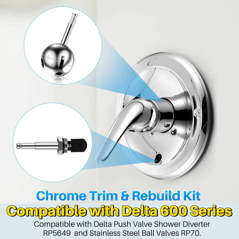 Shower Handle Renovation Kit For Delta RP6046 And 600 Series Valves Single Lever Chrome Trim Repair Replacement Includes Push Button Diverter DIY