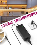 24V LED Power Supply 60W UL Listed AC to DC Converter for LED Strip Lights and CCTV Cameras on kitchen counter with LED strips