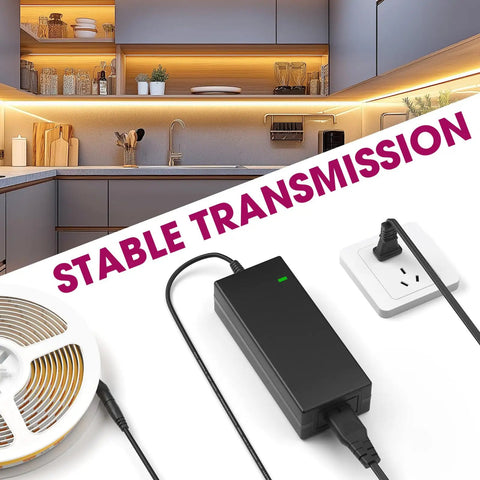 24V LED Power Supply 60W UL Listed AC to DC Converter for LED Strip Lights and CCTV Cameras on kitchen counter with LED strips