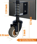 1 Pack Gate Caster Wheel Kit For Wooden Gates, 2 Inch Wheel, 80 Lb Load Capacity, 360 Degree Rotation, TPR Rubber Tire, Spring Loaded, Includes Screws And Screwdriver, Black shown mounted on a wooden panel with measurements visible.