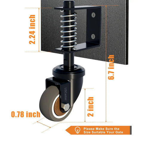 1 Pack Gate Caster Wheel Kit For Wooden Gates, 2 Inch Wheel, 80 Lb Load Capacity, 360 Degree Rotation, TPR Rubber Tire, Spring Loaded, Includes Screws And Screwdriver, Black shown mounted on a wooden panel with measurements visible.