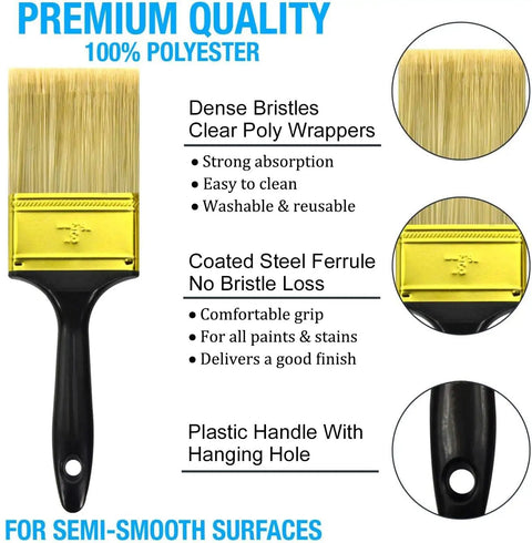 Do It All 30 Piece Paint Brush Set showing polyester bristles with steel ferrule and plastic handle with hole for easy hanging.