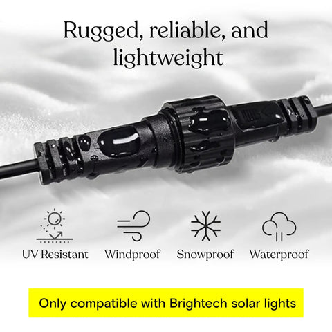 Close-up of Ambience Pro Waterproof Extension Cable for Solar Outdoor String Lights, showing rugged waterproof connector.