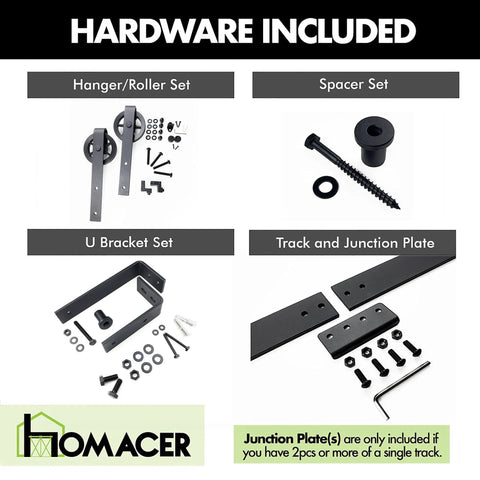 Components of Black Rustic Double Track U Shape Bypass Sliding Barn Door Hardware Kit, including rollers, spacers, and junction plates.